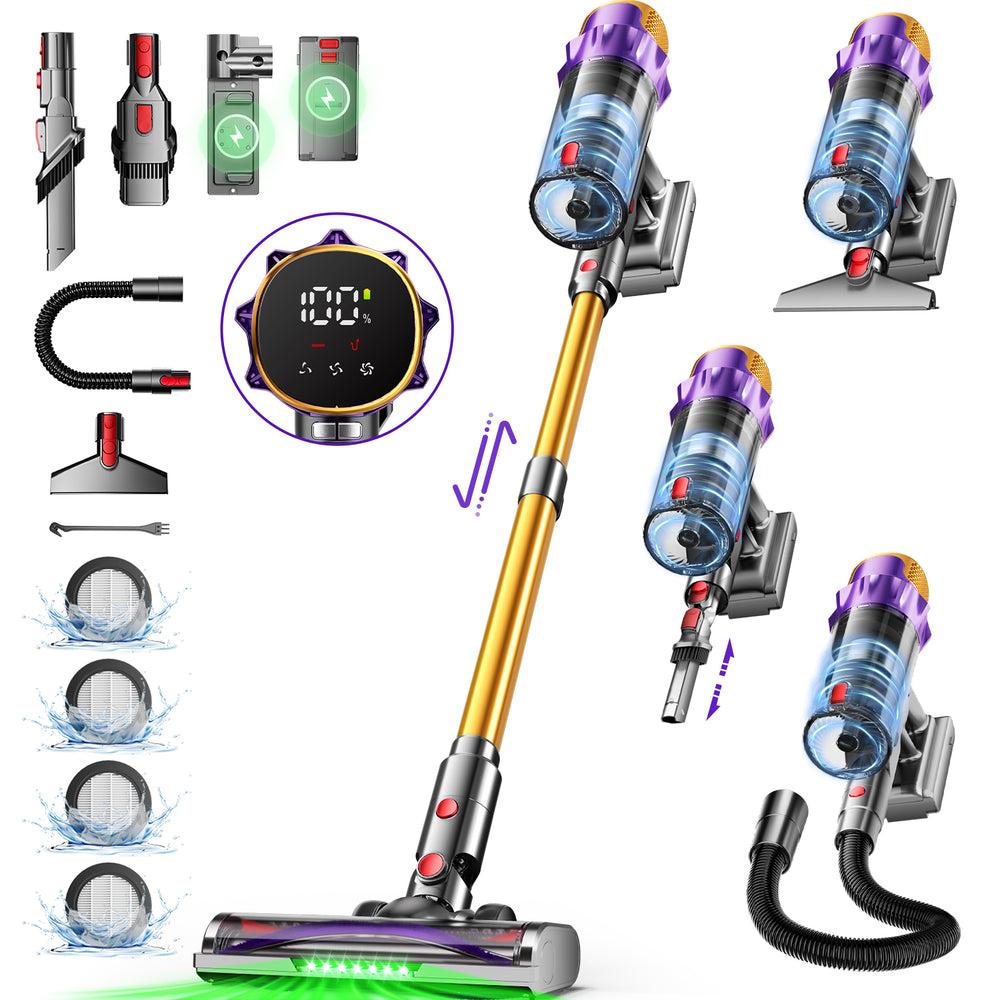 Daynee 65kPa/70Min Akku Staubsauger,65KPa Akkusauger mit Display,1M Schlauch und Anti-Tangle-Bürste,Staubsauger Kabellos,HEPA*4 Kabelloser Staubsauger für Tierhaare, Teppich und Hartböden